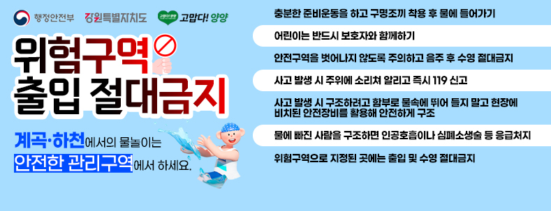 제목	행정홈페이지 메인알림창 등록요청	등록일	2025-07-18 오전 8:57:13
이름	양희성 hsyj224@korea.kr	전화번호	033-670-2462	IP	211.253.82.243
* 이미지 없음

* 게시기간: ~9.30.까지

* 내용

 

계곡ㆍ하천에서의 물놀이는 안전한 관리구역에서 하세요, 위험구역 출입 절대금지

 

○ 물놀이 행동요령

- 충분한 준비운동을 하고 구명조끼 착용 후 물에 들어가기

- 어린이는 반드시 보호자와 함께하기

- 안전구역을 벗어나지 않도록 주의하고 음주 후 수영 절대금지

- 사고 발생 시 주위에 소리쳐 알리고 즉시 119 신고

- 사고 발생 시 구조하려고 함부로 물속에 뛰어 들지 말고 현장에 비치된 안전장비를 활용해 안전하게 구조

- 물에 빠진 사람을 구조하면 인공호흡이나 심폐소생술 등 응급처지

- 위험구역으로 지정된 곳에는 출입 및 수영 절대금지