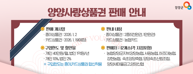 ▢ 판매 개시일
  ○ 종이상품권 : 2026. 1. 2
  ○ 카드상품권 : 2026. 1. 19(예정)
▢ 판내 내용
  ○ 종이상품권 : 2종(5천원권, 1만원권)
  ○ 카드상품권 : 농협카드
▢ 구입한도 및 할인율
  ○ 개인 40만원/월, 법인 1억원/ 년
  ○ 개인 10%, 법인 2%
    ※ 구입한도는 종이,카드상품권 합산적용/ 할인율 : 
▢ 판매처 : 12개소(각 지점포함)
   농협양양군지부,양양농협,서광농협,하조대농협,강현농협,
   속초양양축협,양양속초산림조합,양양새마을금고,양양신협
